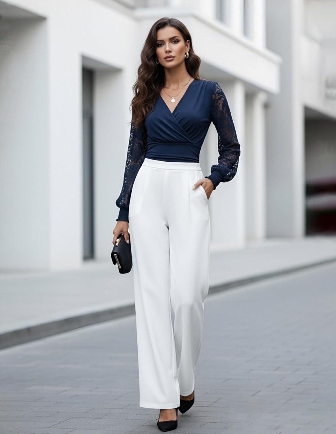 imageGRACE KARIN Womens Tops Dressy Casual Elegant Lace Sleeve Shirts Wrap Ruched Blouses 2026 Spring Fashion OutfitsNavy Blue