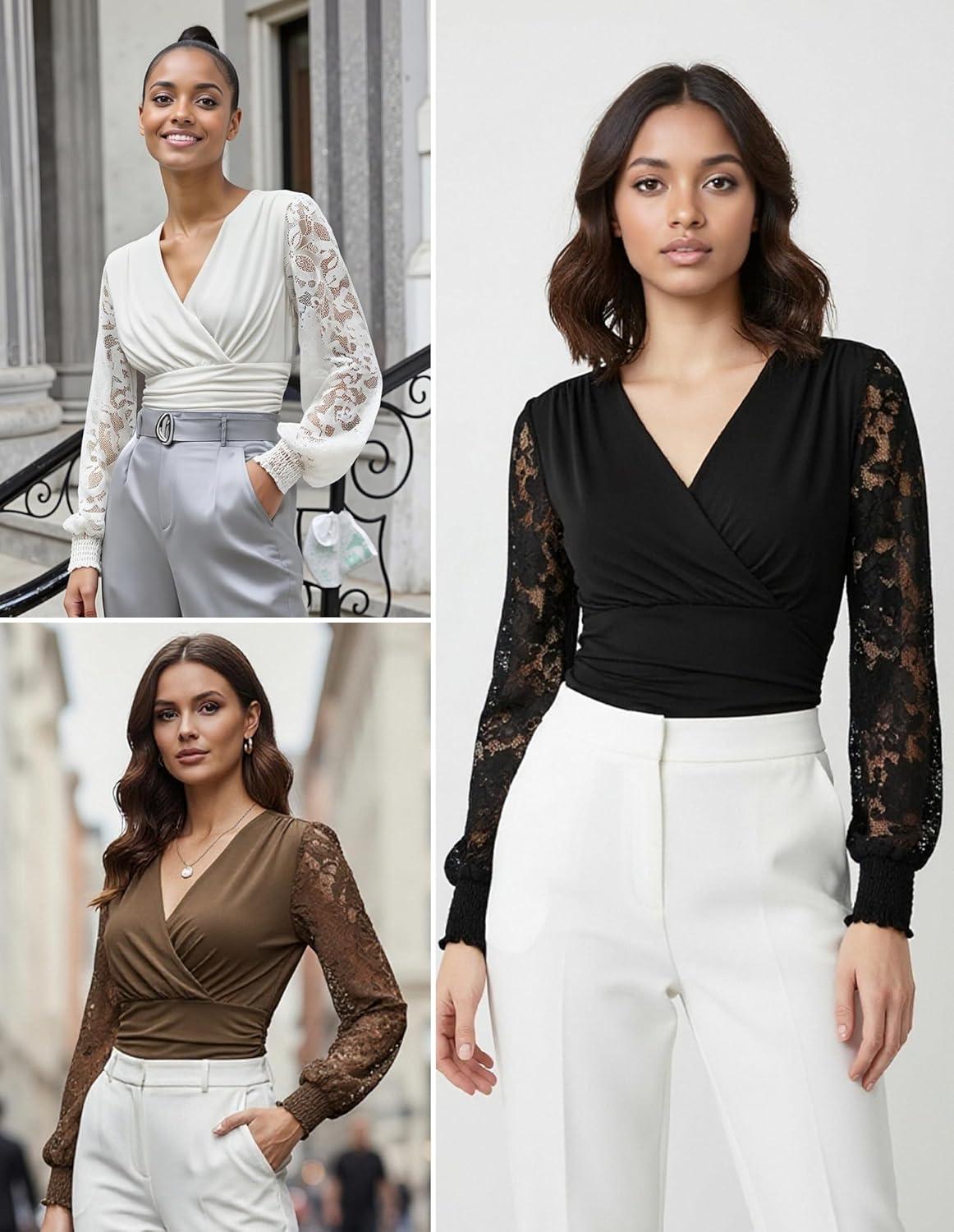 imageGRACE KARIN Womens Tops Dressy Casual Elegant Lace Sleeve Shirts Wrap Ruched Blouses 2026 Spring Fashion OutfitsWhite