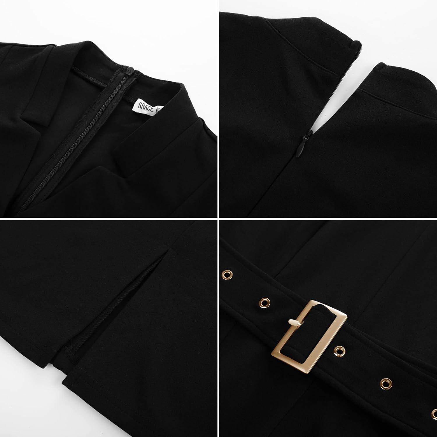 imageGRACE KARIN Womens Work Dress 34 Sleeve V Neck Bodycon Sheath Dress Zipper Up Office Business Dresses with BeltBlack