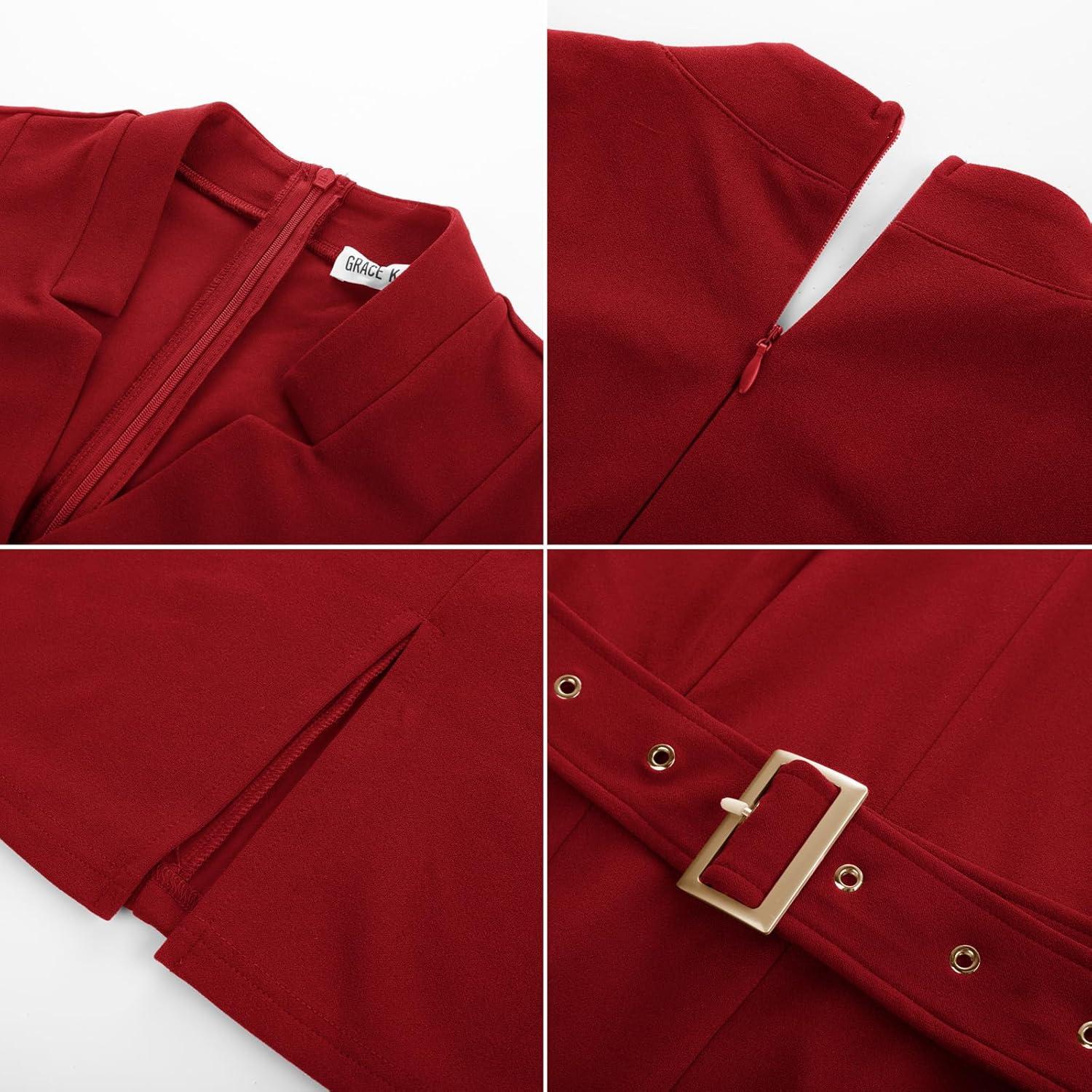 imageGRACE KARIN Womens Work Dress 34 Sleeve V Neck Bodycon Sheath Dress Zipper Up Office Business Dresses with BeltDark Red