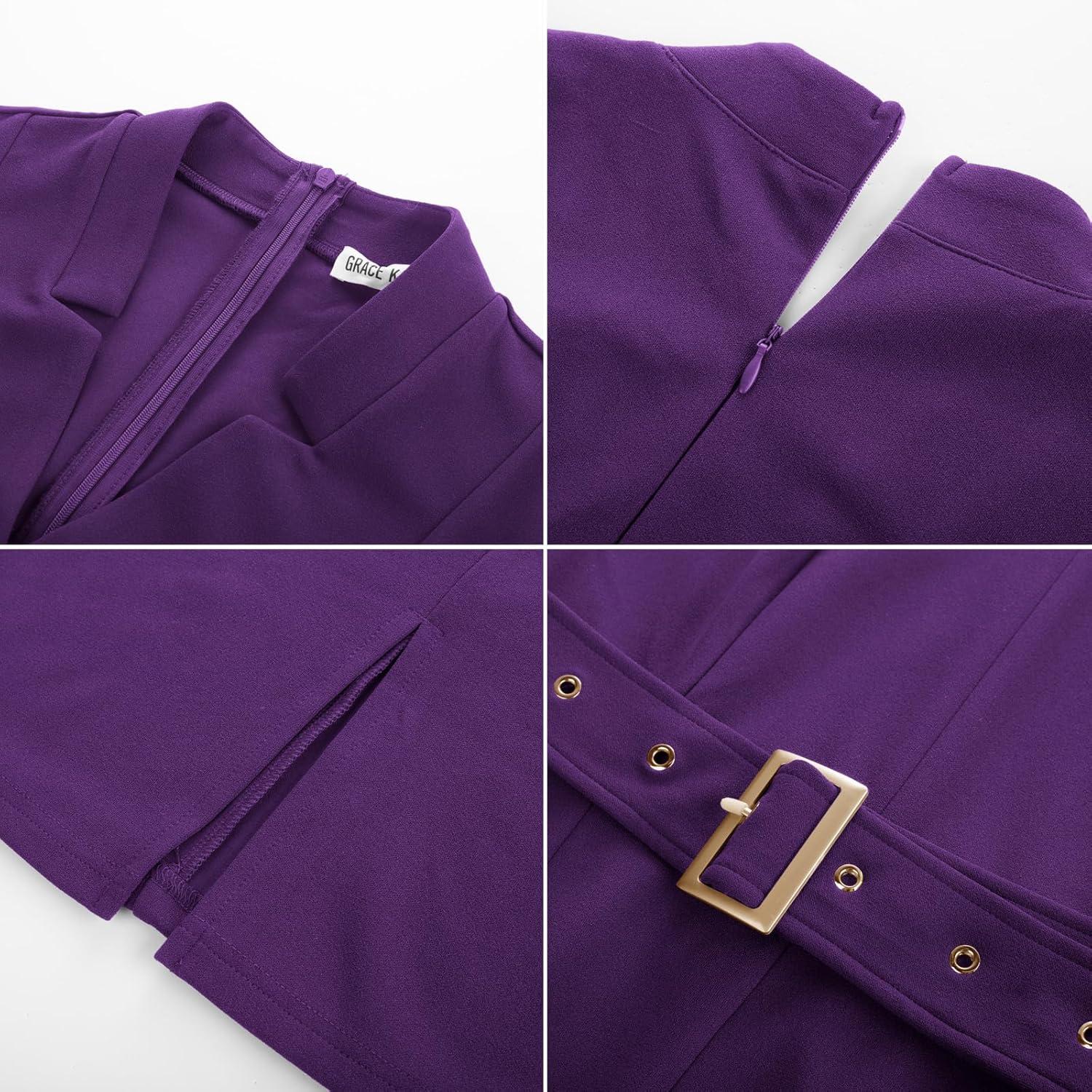 imageGRACE KARIN Womens Work Dress 34 Sleeve V Neck Bodycon Sheath Dress Zipper Up Office Business Dresses with BeltPurple