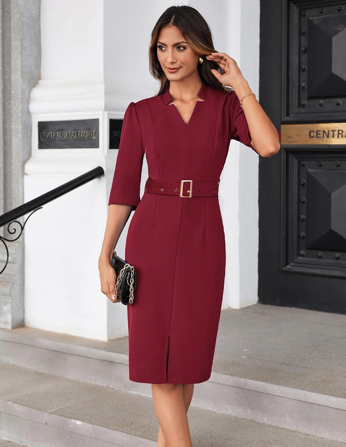 imageGRACE KARIN Womens Work Dress 34 Sleeve V Neck Bodycon Sheath Dress Zipper Up Office Business Dresses with BeltWine Red
