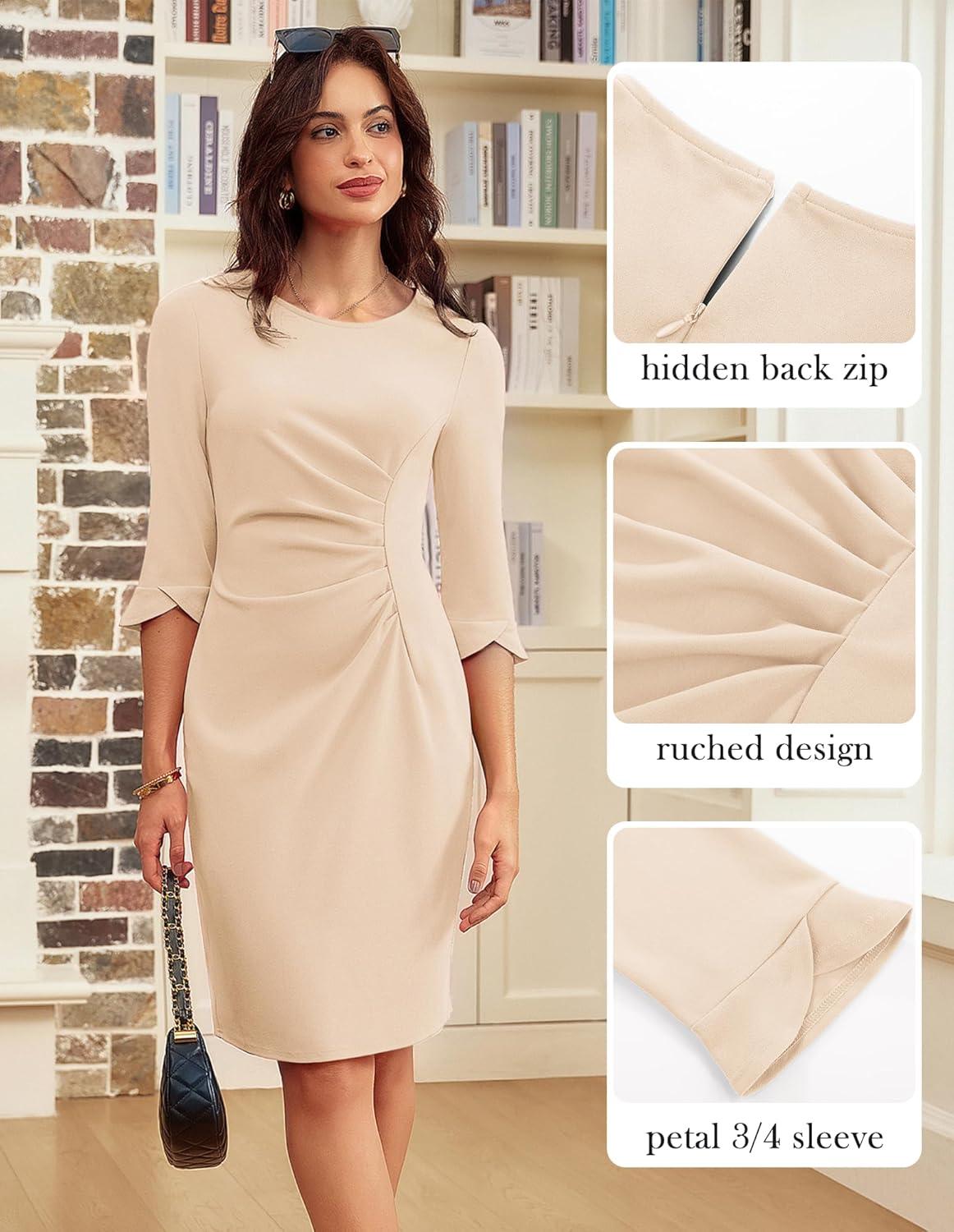 imageGRACE KARIN Work Dresses for Women 2025 34 Sleeve Sheath Business Dress Ruched Bodycon Office Cocktail DressApricot