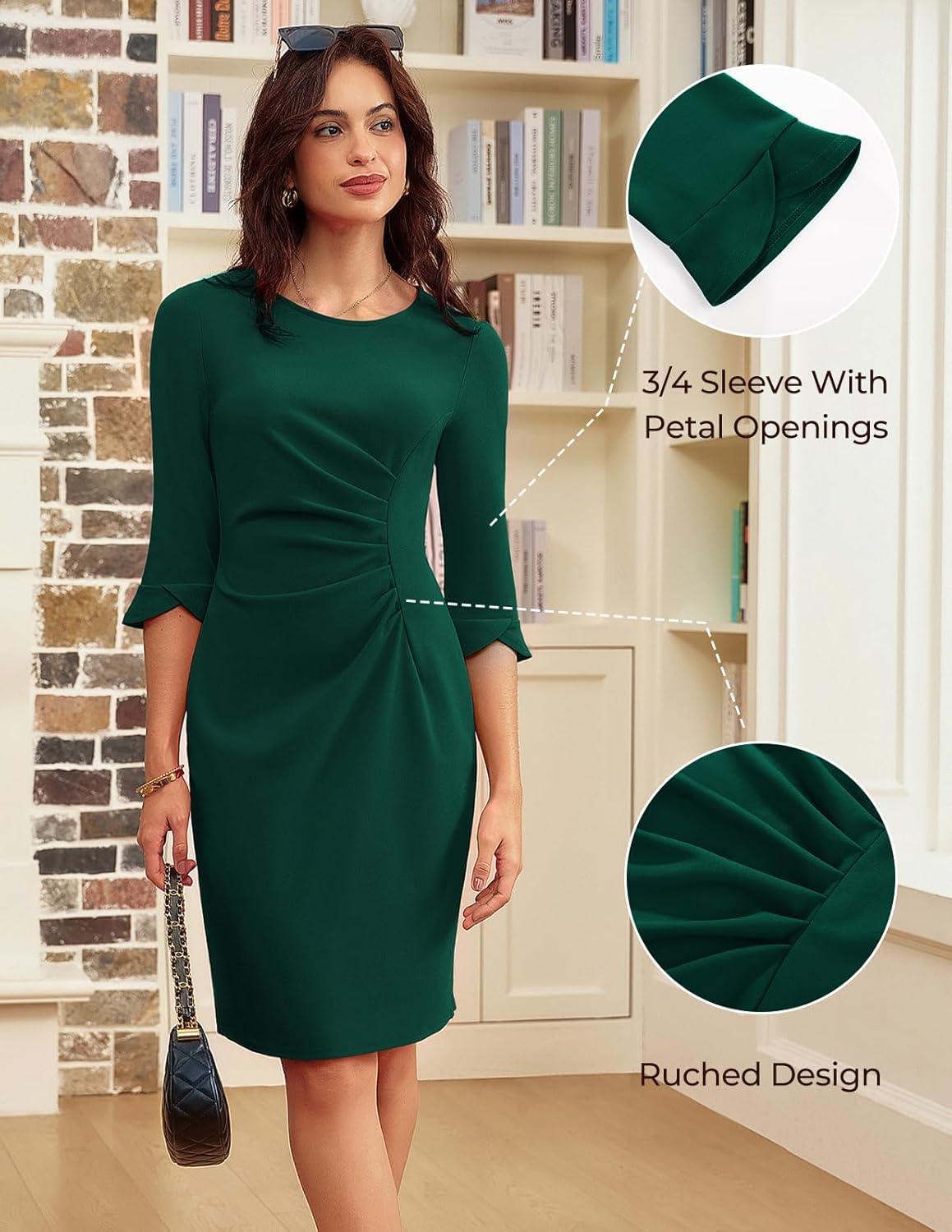 imageGRACE KARIN Work Dresses for Women 2025 34 Sleeve Sheath Business Dress Ruched Bodycon Office Cocktail DressDark Green