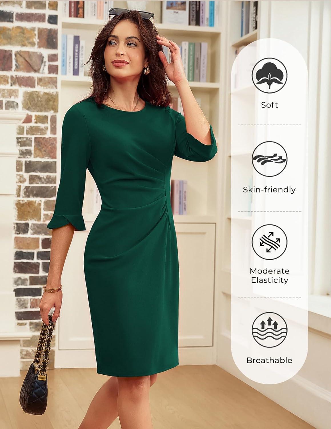 imageGRACE KARIN Work Dresses for Women 2025 34 Sleeve Sheath Business Dress Ruched Bodycon Office Cocktail DressDark Green