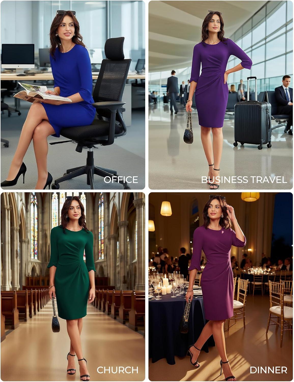 imageGRACE KARIN Work Dresses for Women 2025 34 Sleeve Sheath Business Dress Ruched Bodycon Office Cocktail DressDark Green