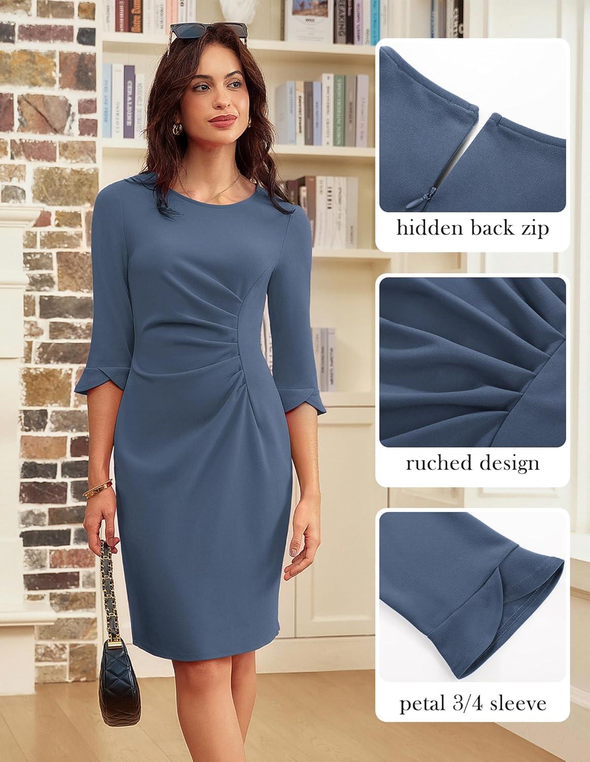 imageGRACE KARIN Work Dresses for Women 2025 34 Sleeve Sheath Business Dress Ruched Bodycon Office Cocktail DressGray Blue