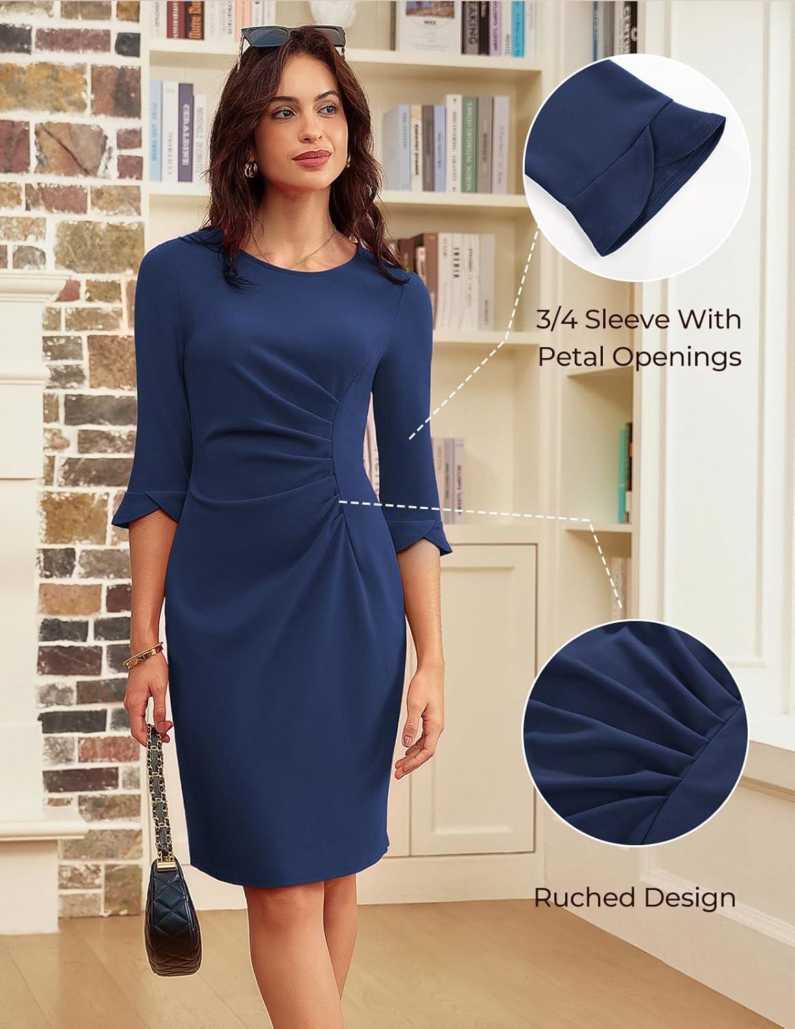 imageGRACE KARIN Work Dresses for Women 2025 34 Sleeve Sheath Business Dress Ruched Bodycon Office Cocktail DressNavy Blue