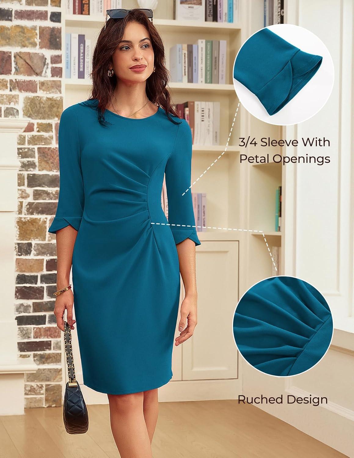 imageGRACE KARIN Work Dresses for Women 2025 34 Sleeve Sheath Business Dress Ruched Bodycon Office Cocktail DressPeacock Blue