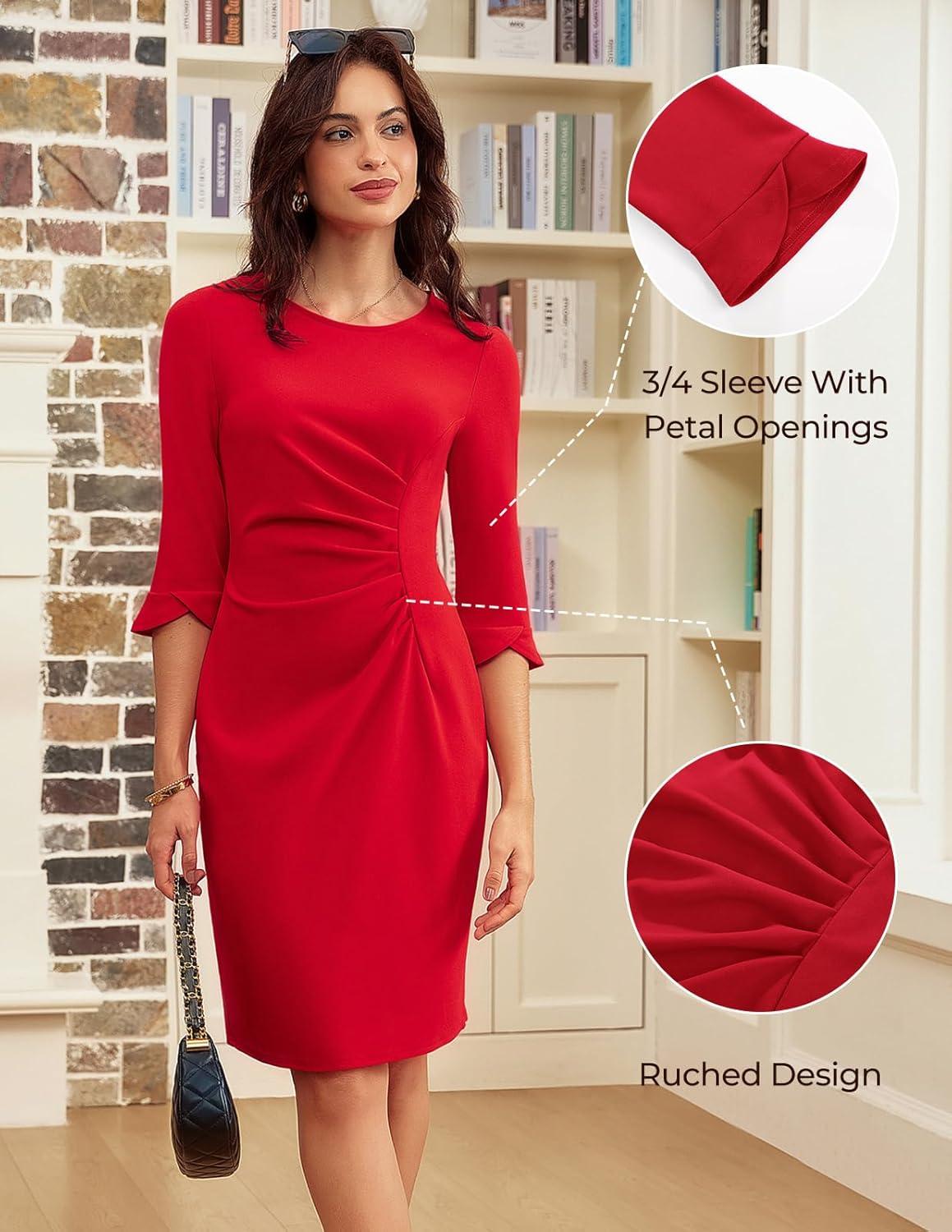 imageGRACE KARIN Work Dresses for Women 2025 34 Sleeve Sheath Business Dress Ruched Bodycon Office Cocktail DressRed
