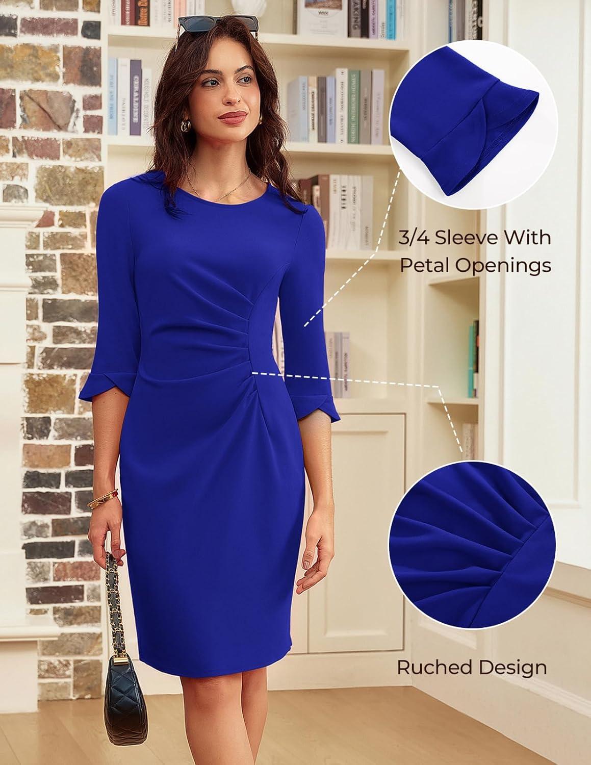 imageGRACE KARIN Work Dresses for Women 2025 34 Sleeve Sheath Business Dress Ruched Bodycon Office Cocktail DressRoyal Blue