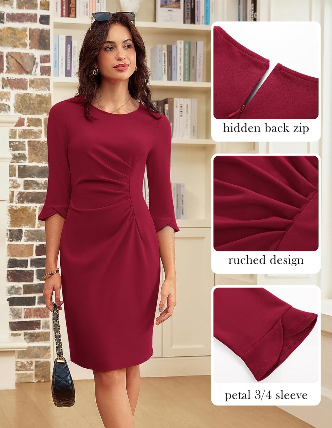 imageGRACE KARIN Work Dresses for Women 2025 34 Sleeve Sheath Business Dress Ruched Bodycon Office Cocktail DressWine Red