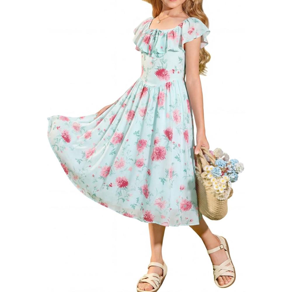 imageGRACE KARIN Girls Floral Dress Summer Midi Dress Off Shoulder Ruffle Spring Long Dresses for TeensGreen Pink Flower