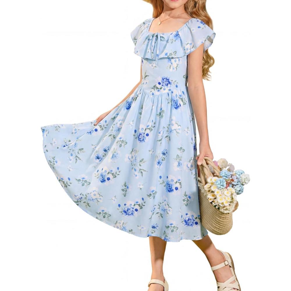 imageGRACE KARIN Girls Floral Dress Summer Midi Dress Off Shoulder Ruffle Spring Long Dresses for TeensLight Blue Flower
