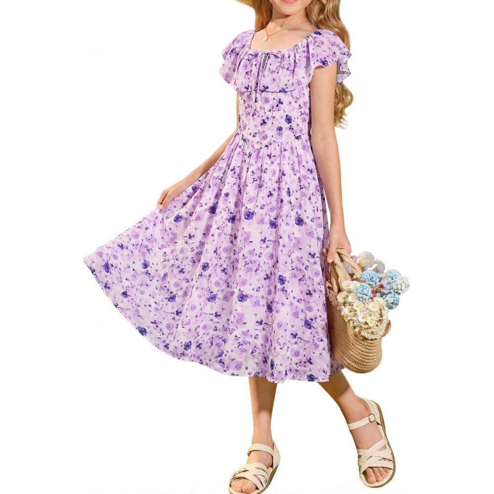 imageGRACE KARIN Girls Floral Dress Summer Midi Dress Off Shoulder Ruffle Spring Long Dresses for TeensPurple Flower