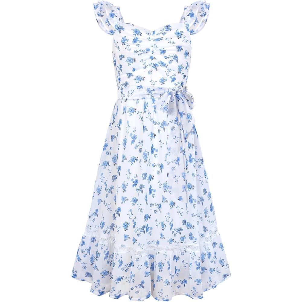 imageGRACE KARIN Girls Floral Spring Summer Dresses 714 Easter Flower Girl Maxi Dress Party Flutter Sleeve Holiday SundressBlue Flower