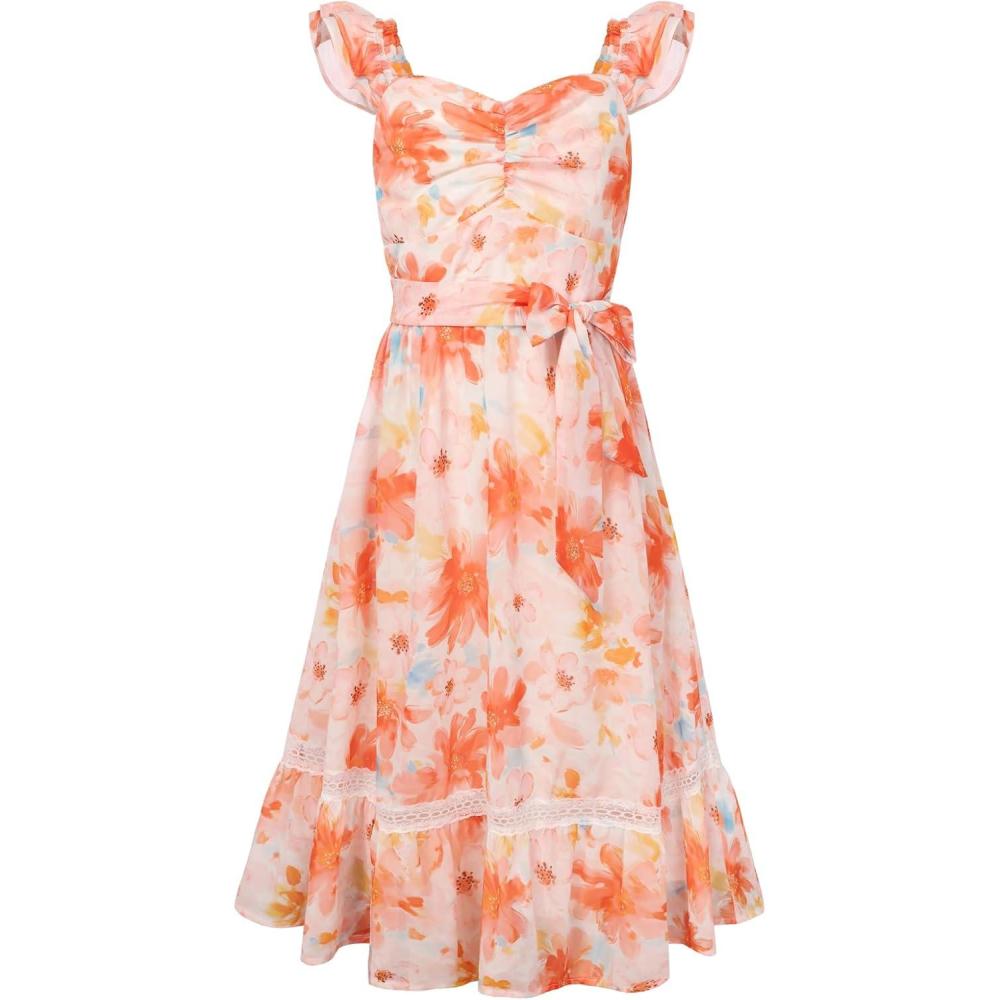 imageGRACE KARIN Girls Floral Spring Summer Dresses 714 Easter Flower Girl Maxi Dress Party Flutter Sleeve Holiday SundressRose Red Floralorange