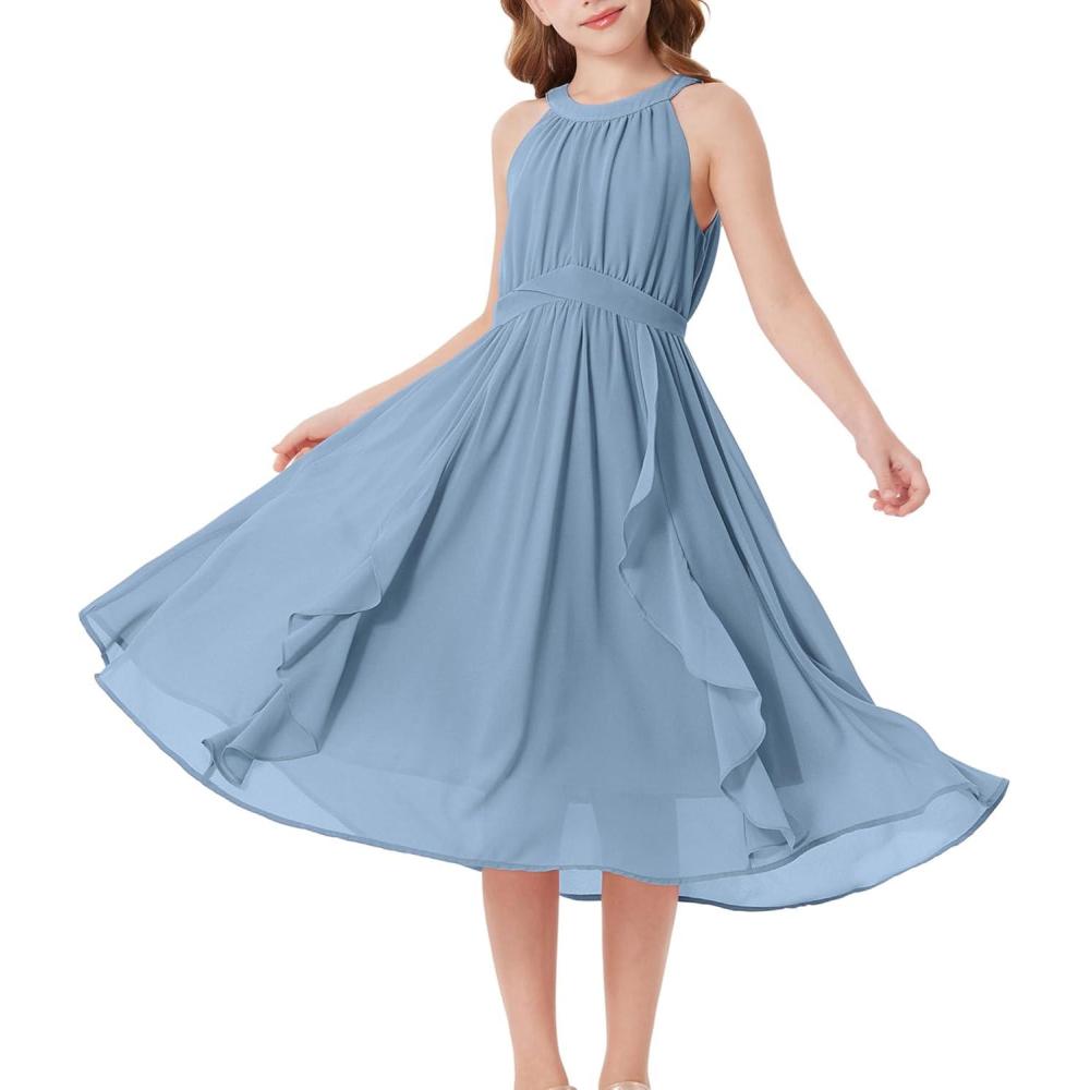 imageGRACE KARIN Girls Halter Neck Dress Midi Party Casual Chiffon Weeding Sundress Swing Pleated Dresses for Girl 614Dusty Blue