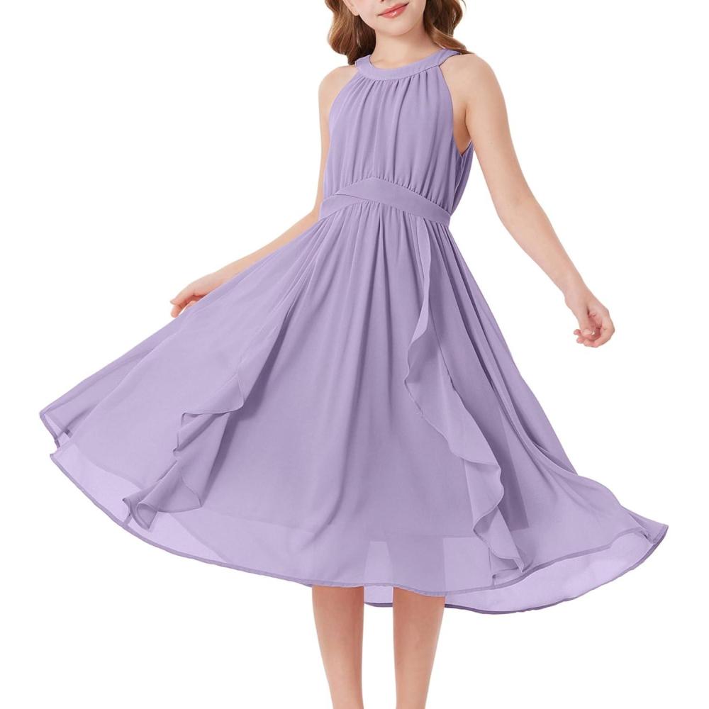 imageGRACE KARIN Girls Halter Neck Dress Midi Party Casual Chiffon Weeding Sundress Swing Pleated Dresses for Girl 614Purple
