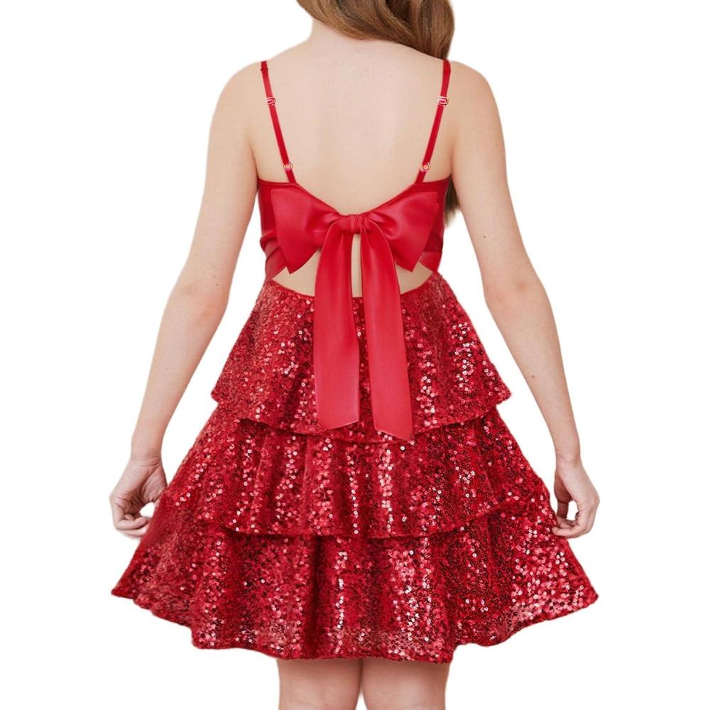 imageGRACE KARIN Girls Sequin Formal Dresses Kids Party Special Occasion Fancy Dress Tie Back 3 Layer Prom Graduation OutfitsRed