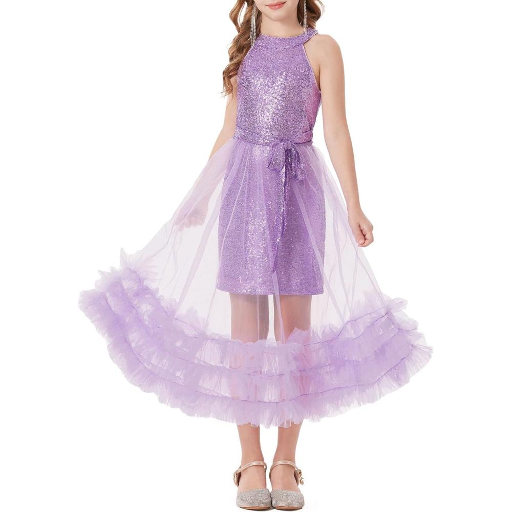 imageGRACE KARIN Girls Sequin Party Dress Formal Sparkly Pageant Tulle Maxi Teen Prom Halter Dresses for 714 YearsPurple