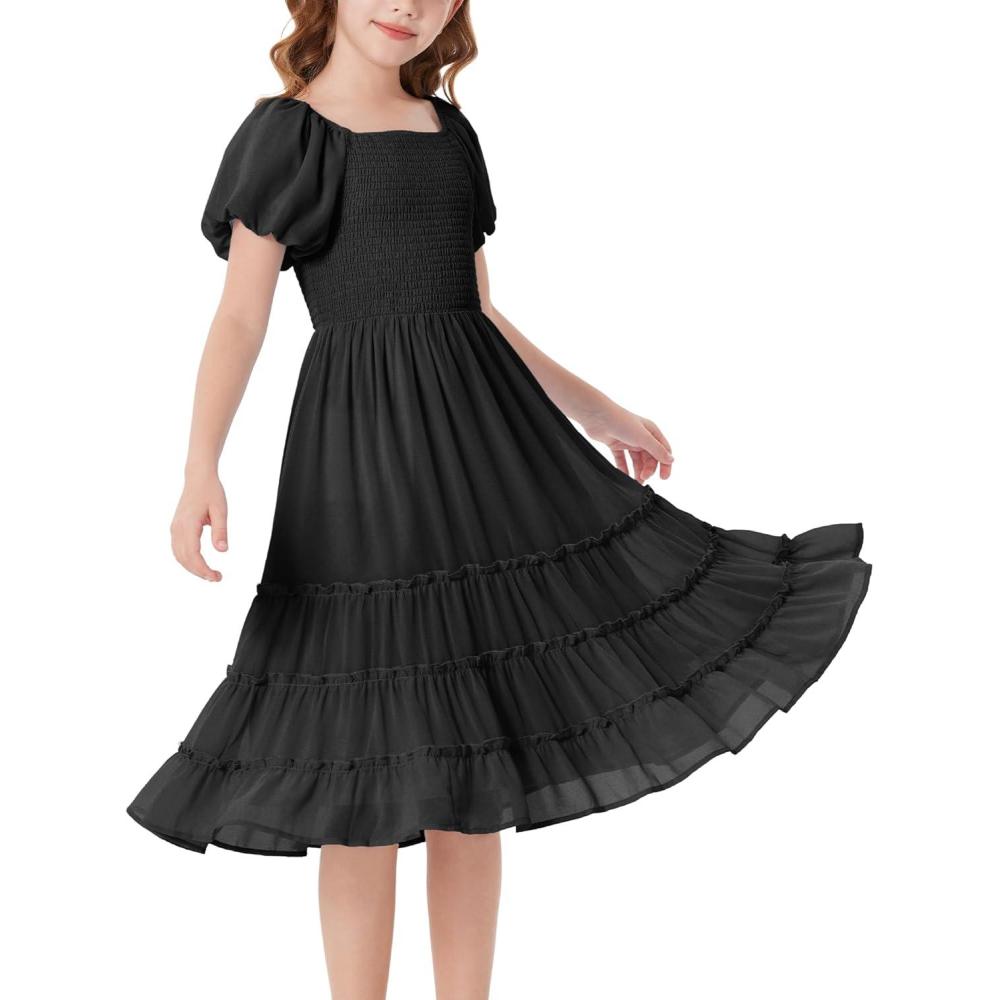 imageGRACE KARIN Girls Short Sleeve Smocked Summer Ruffle Dresses 714Y Teen Square Neck Casual Party Midii Maxi DressBlack