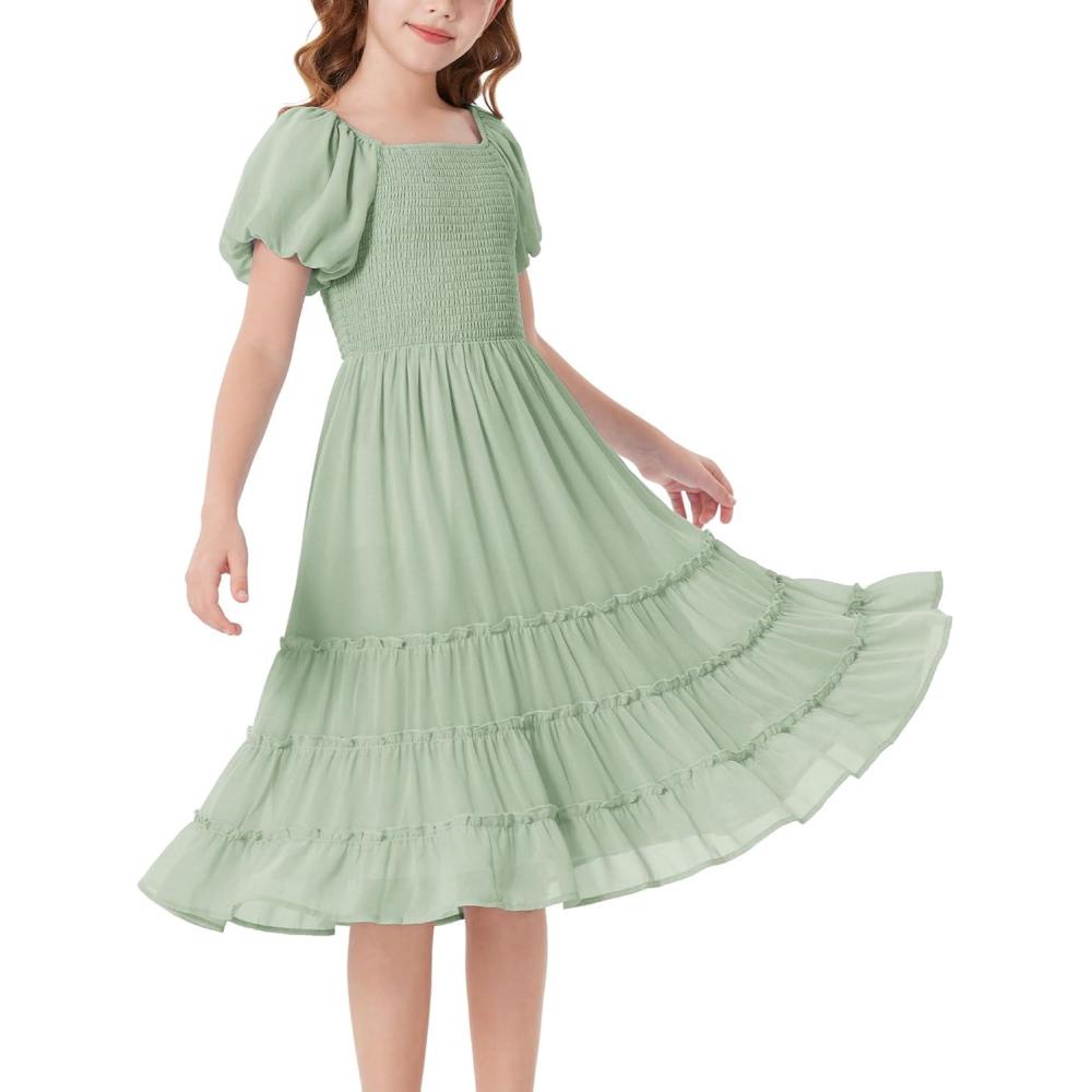 imageGRACE KARIN Girls Short Sleeve Smocked Summer Ruffle Dresses 714Y Teen Square Neck Casual Party Midii Maxi DressLight Green