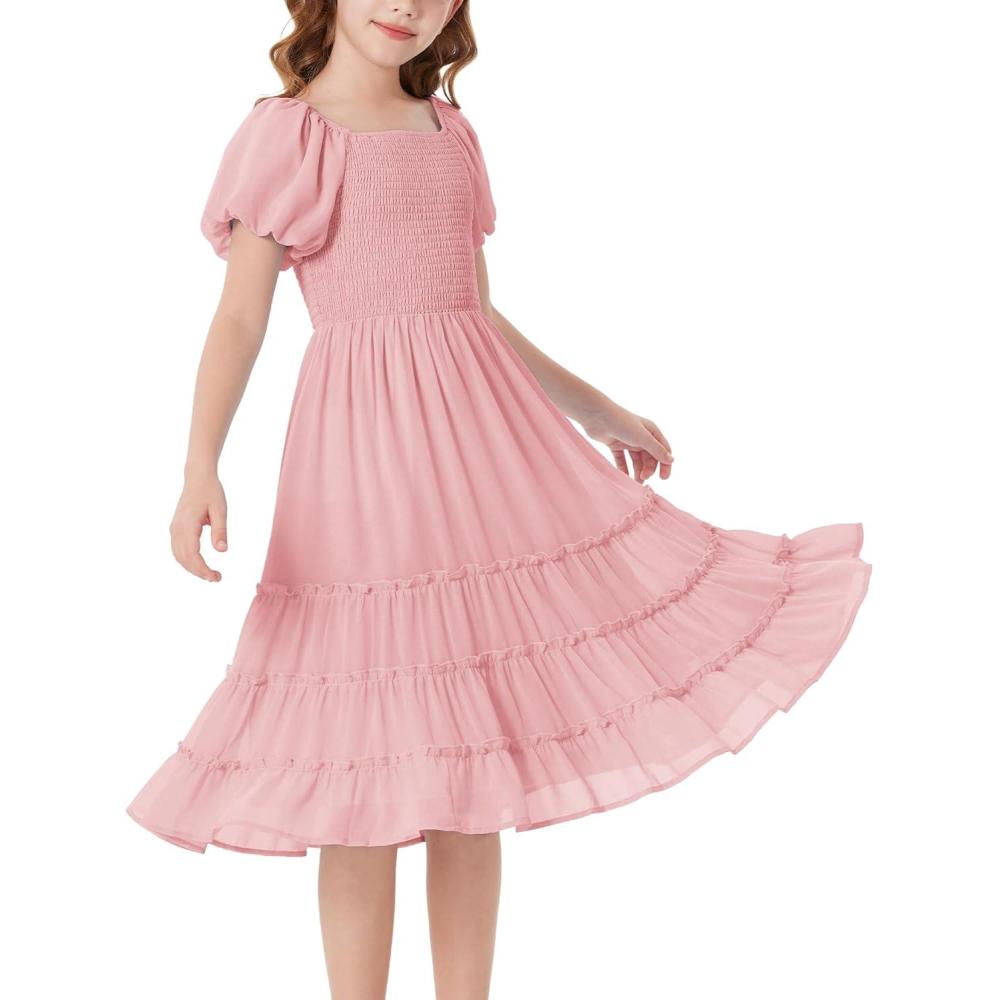 imageGRACE KARIN Girls Short Sleeve Smocked Summer Ruffle Dresses 714Y Teen Square Neck Casual Party Midii Maxi DressLight Pink