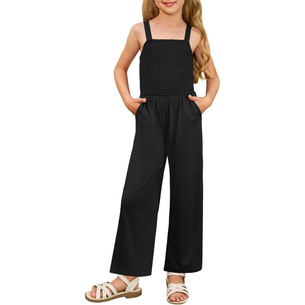 imageGRACE KARIN Girls Solid Jumpsuit Girl Summer Romper Pants Kids Long Spring Rompers with PocketsBlack