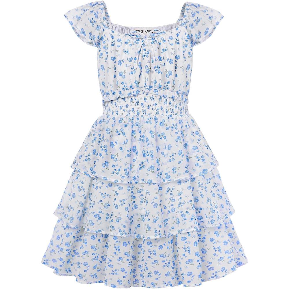 imageGRACE KARIN Girls Spring Summer Floral Dress Teen Ruffle Smocked 3 Layerr Dresses Kids Cute Boho Easter Clothes Size 714Blue Floral