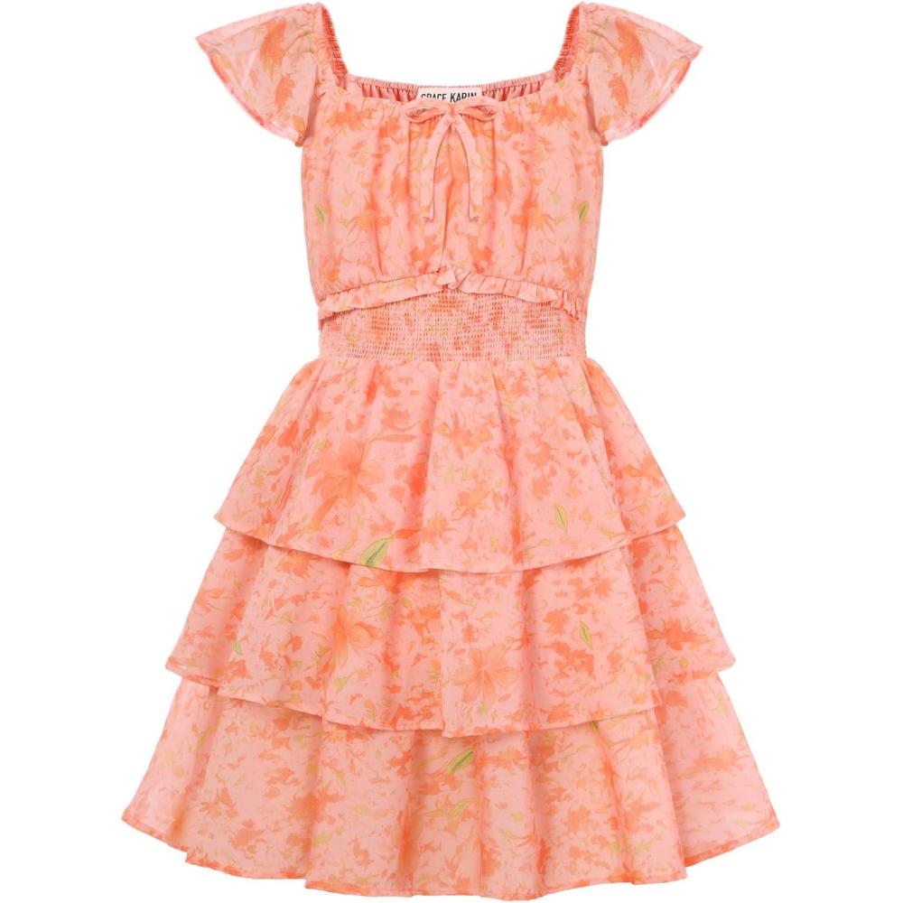 imageGRACE KARIN Girls Spring Summer Floral Dress Teen Ruffle Smocked 3 Layerr Dresses Kids Cute Boho Easter Clothes Size 714Orange Floral
