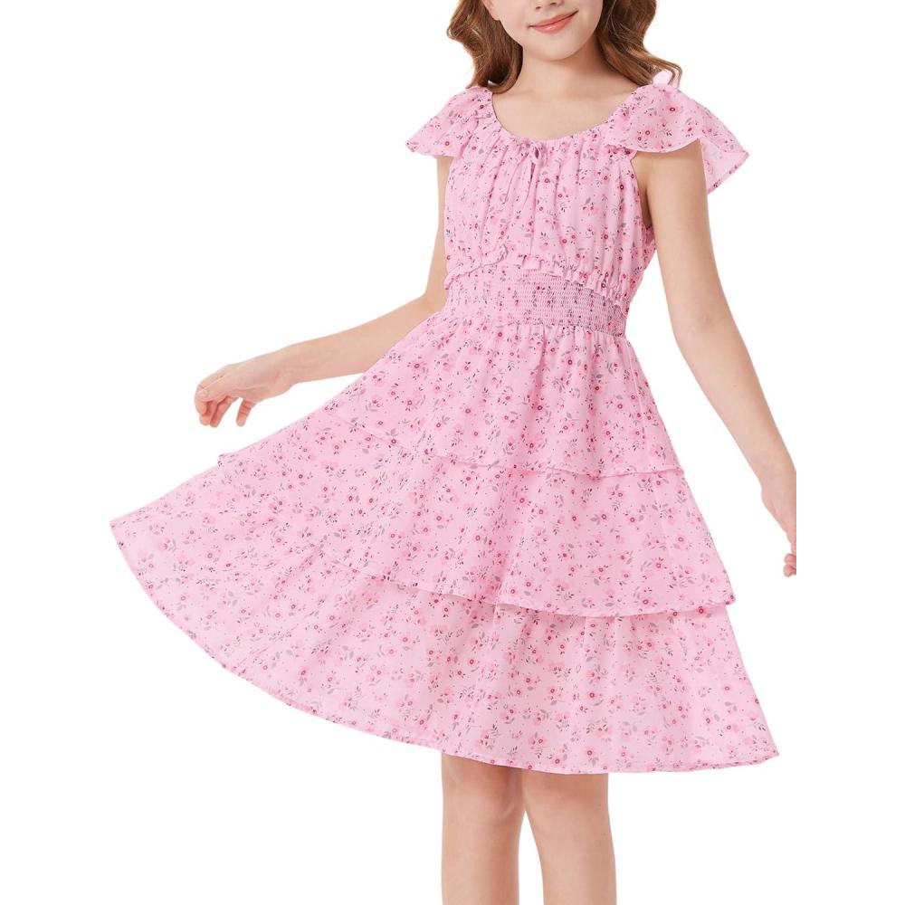 imageGRACE KARIN Girls Spring Summer Floral Dress Teen Ruffle Smocked 3 Layerr Dresses Kids Cute Boho Easter Clothes Size 714Pink Floral
