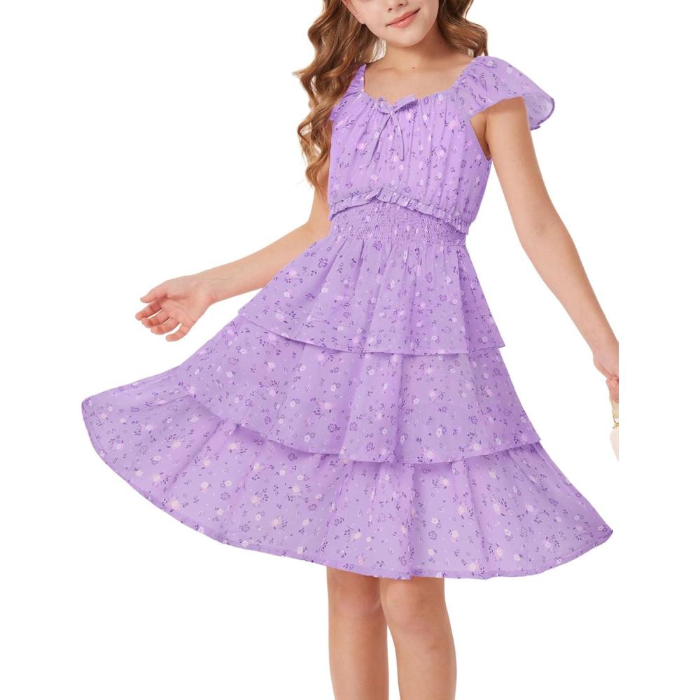 imageGRACE KARIN Girls Spring Summer Floral Dress Teen Ruffle Smocked 3 Layerr Dresses Kids Cute Boho Easter Clothes Size 714Purple Floral