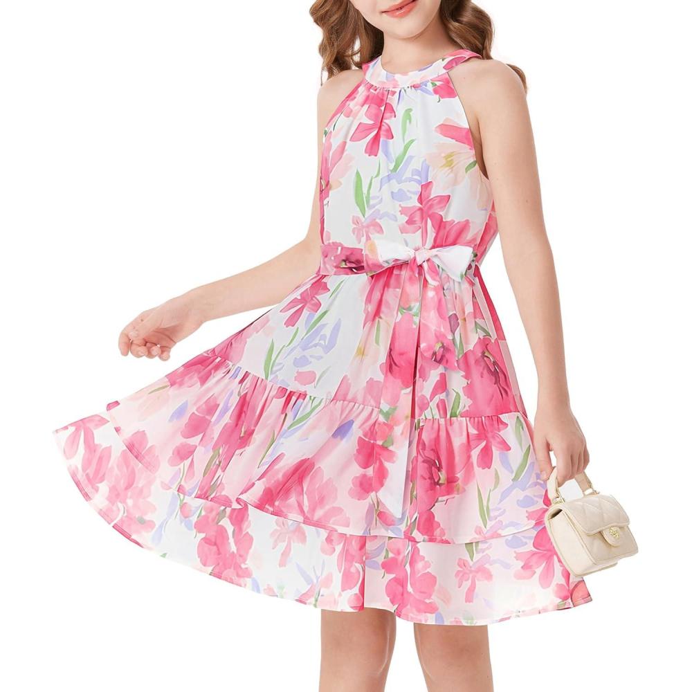 imageGRACE KARIN Girls Summer Beach Dress Floral Hawaiian Halter Chiffon Party Wedding Vacation Sundress 714YPink Flower