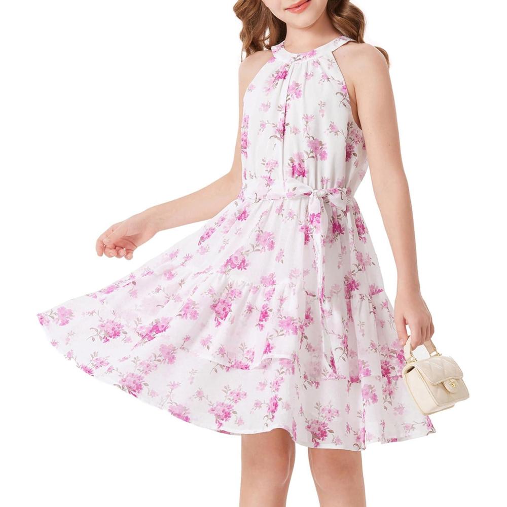 imageGRACE KARIN Girls Summer Beach Dress Floral Hawaiian Halter Chiffon Party Wedding Vacation Sundress 714YPurple Flower