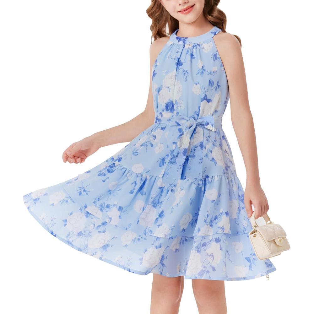 imageGRACE KARIN Girls Summer Beach Dress Floral Hawaiian Halter Chiffon Party Wedding Vacation Sundress 714YSky Blue White Floral