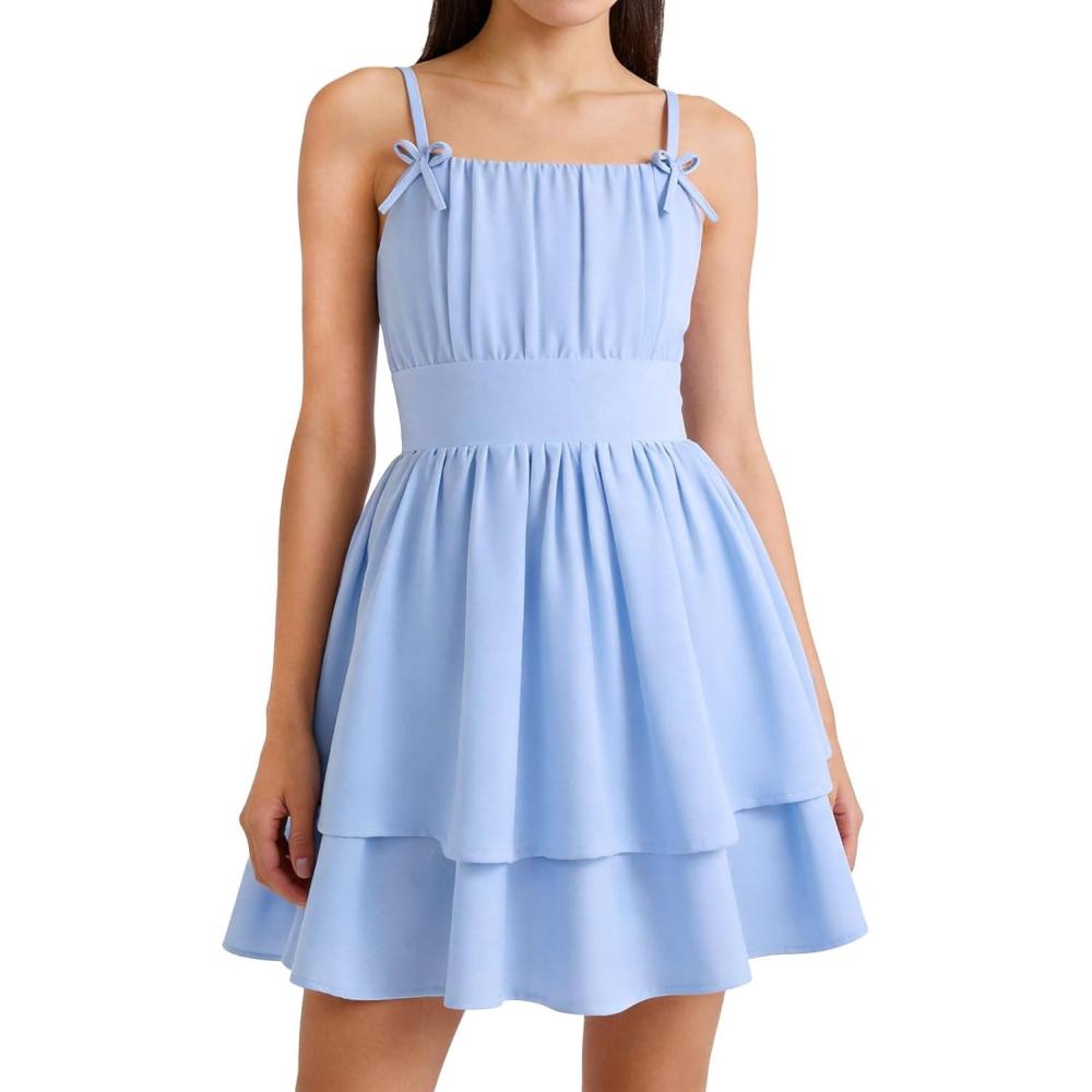 imageGRACE KARIN Girls Summer Cami Dress Casual Party Beach Spaghetti Strap Flowy Tiered Ruched Sundress 714YearsLight Blue