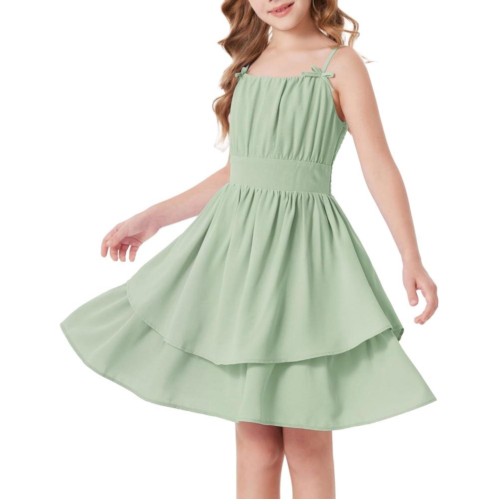 imageGRACE KARIN Girls Summer Cami Dress Casual Party Beach Spaghetti Strap Flowy Tiered Ruched Sundress 714YearsLight Green