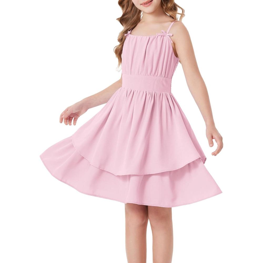 imageGRACE KARIN Girls Summer Cami Dress Casual Party Beach Spaghetti Strap Flowy Tiered Ruched Sundress 714YearsLight Pink