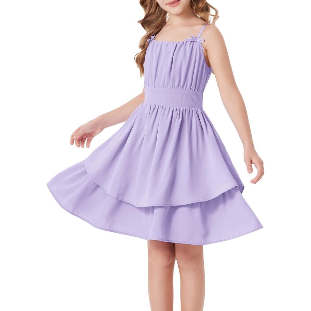 imageGRACE KARIN Girls Summer Cami Dress Casual Party Beach Spaghetti Strap Flowy Tiered Ruched Sundress 714YearsLight Purple