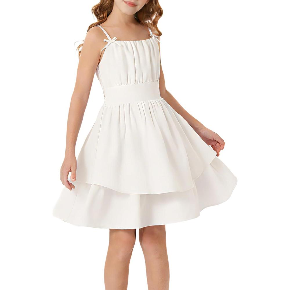imageGRACE KARIN Girls Summer Cami Dress Casual Party Beach Spaghetti Strap Flowy Tiered Ruched Sundress 714YearsWhite