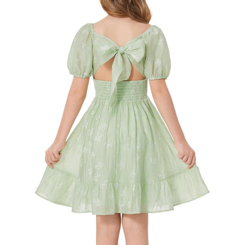 imageGRACE KARIN Girls Summer Tie Back Dress Square Neck Lantern Sleeve Ruffle Hem Elegant Dresses for 714 YearsGreen
