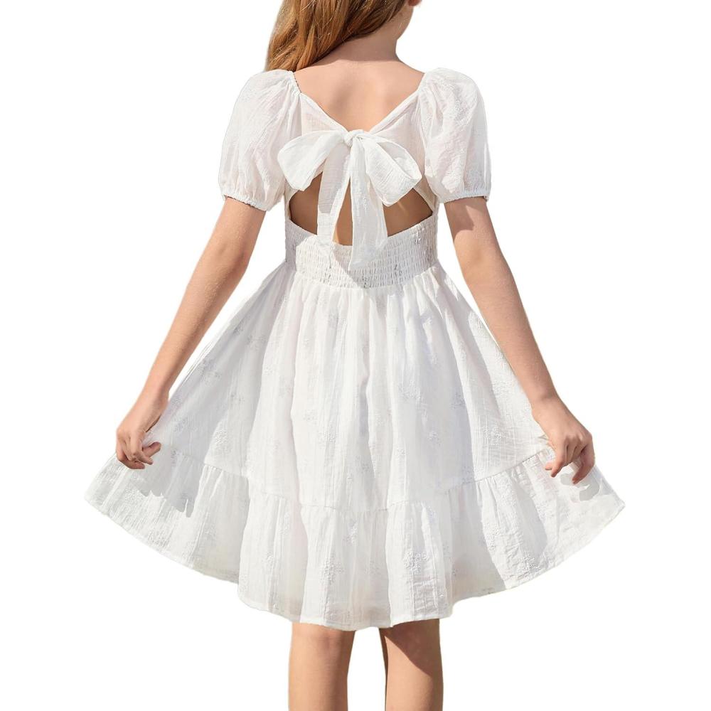 imageGRACE KARIN Girls Summer Tie Back Dress Square Neck Lantern Sleeve Ruffle Hem Elegant Dresses for 714 YearsWhite