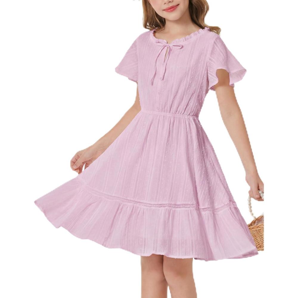 imageGRACE KARIN Girls Swiss Dot Dress Cotton Casual Summer Short Sleeve A Line Party Birthday Beach Kids 714Purple