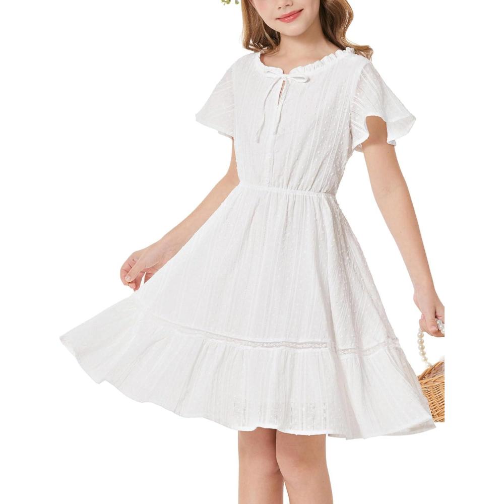imageGRACE KARIN Girls Swiss Dot Dress Cotton Casual Summer Short Sleeve A Line Party Birthday Beach Kids 714White