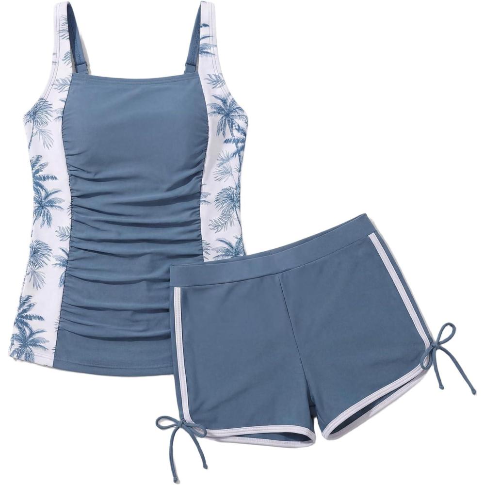 imageGRACE KARIN Girls Tankini Swimsuit Tropical Bathing Suits Girl Padded Swim Suit Kids Two Piece SwimwearDusty Blue