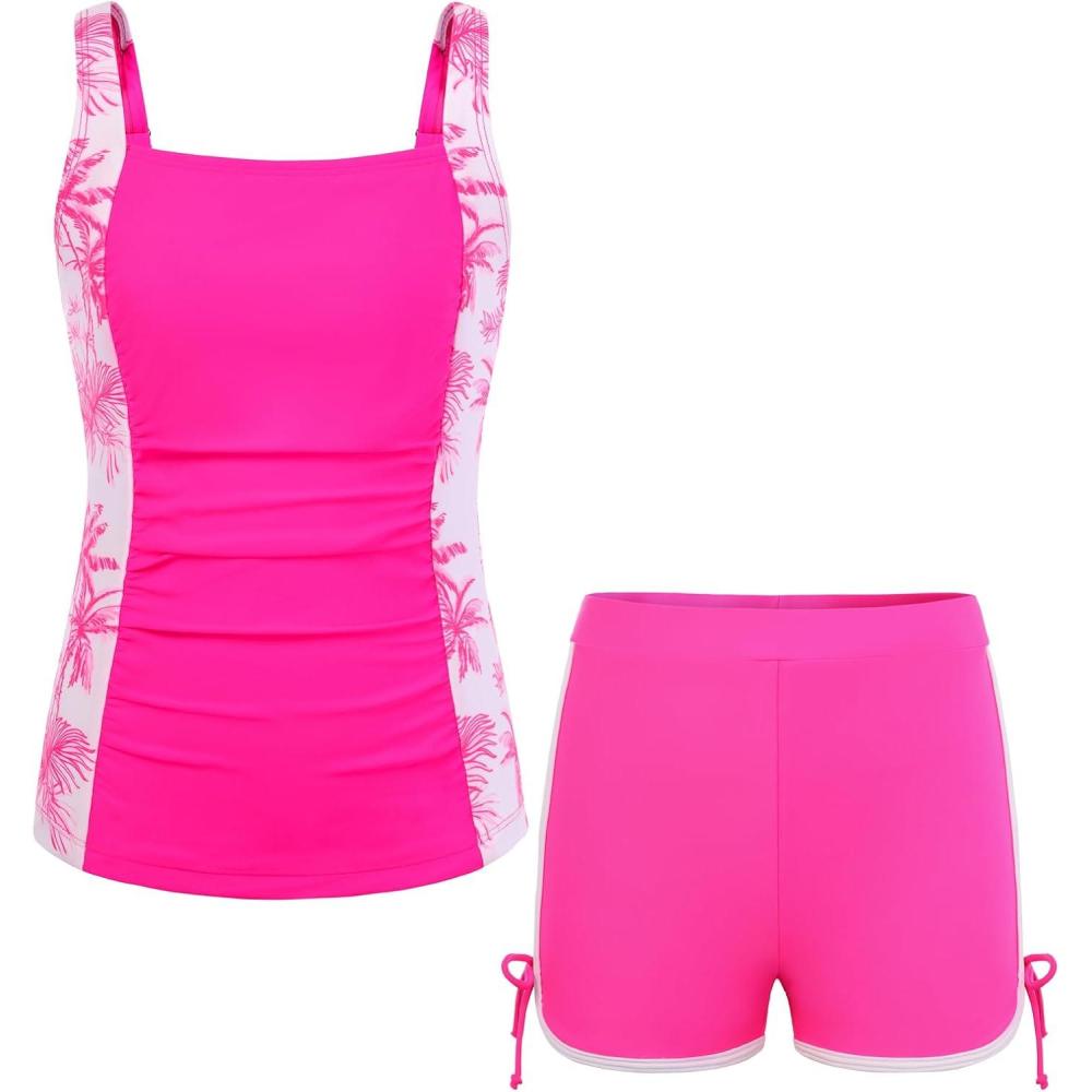 imageGRACE KARIN Girls Tankini Swimsuit Tropical Bathing Suits Girl Padded Swim Suit Kids Two Piece SwimwearHot Pink