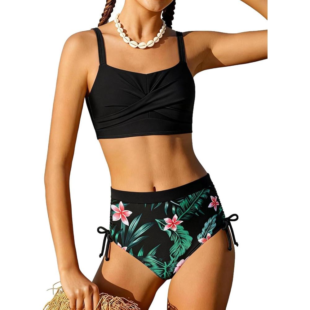 imageGRACE KARIN Girls Two Piece Bikini Hawaiian High Waist Swimsuit Set Teen Bathing Suit for Beach Pool Vacation SummerBlack Pink Floral
