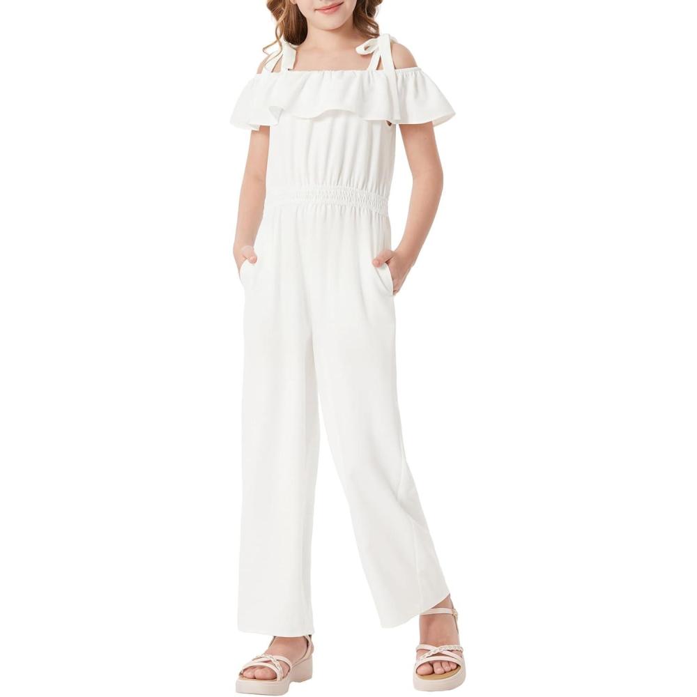 imageGRACE KARIN Girls Wide Leg Jumpsuit Summer Romper Kids Casual One Piece Off Shoulder Ruffle with Pockets Size 714White