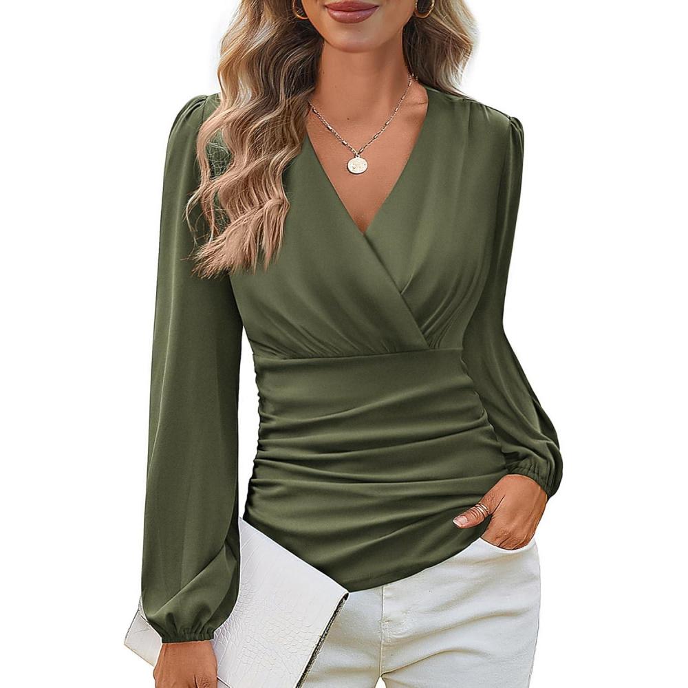 imageGRACE KARIN Long Sleeve Blouses for Women Dressy Casual Wrap Tops Work Shirts 2026 Spring Business OutfitsArmy Green